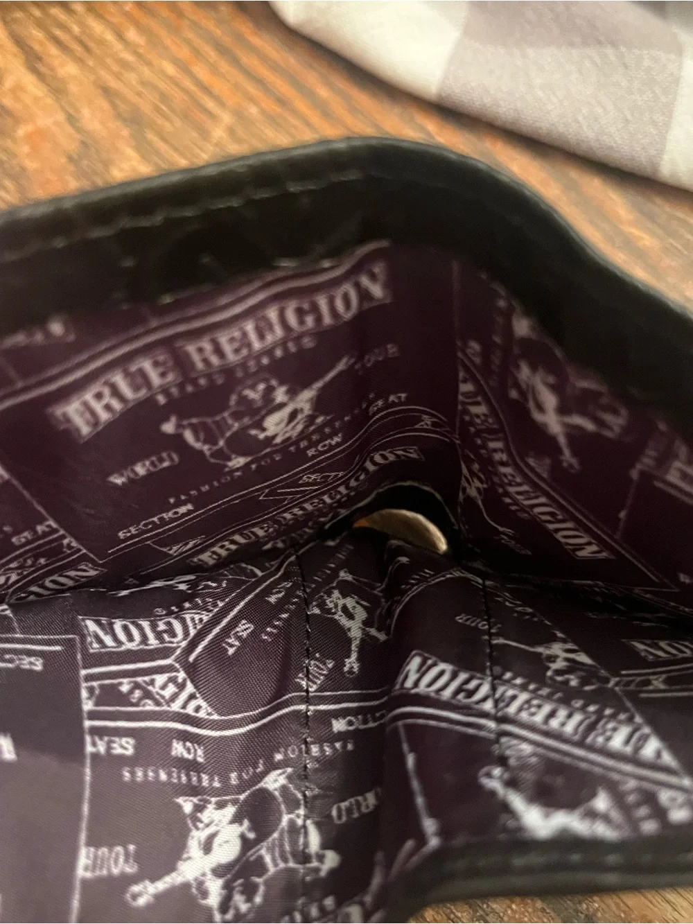 True Religion Black Embossed Leather Bifold Card Holder